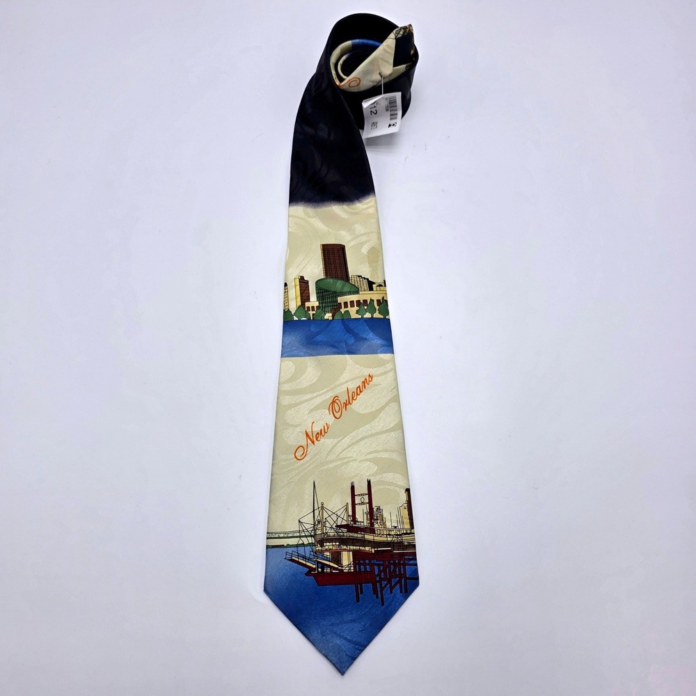 Steven Harris New Orleans Cityscape Riverboat Souvenir Men Tie Black Blue Cream